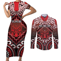 Personalised New Zealand Aotearoa Couples Matching Short Sleeve Bodycon Dress and Long Sleeve Button Shirt Te Reo Maori Ake Ake Ake LT05 Red - Polynesian Pride