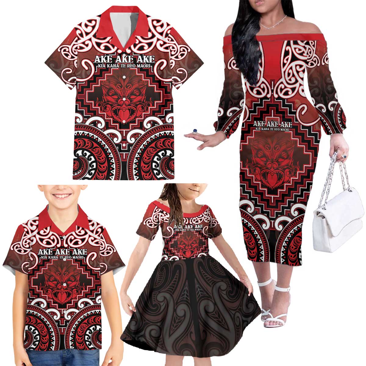 Personalised New Zealand Aotearoa Family Matching Off The Shoulder Long Sleeve Dress and Hawaiian Shirt Te Reo Maori Ake Ake Ake LT05 - Polynesian Pride