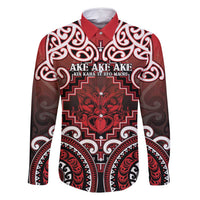 Personalised New Zealand Aotearoa Family Matching Off Shoulder Short Dress and Hawaiian Shirt Te Reo Maori Ake Ake Ake LT05 Dad's Shirt - Long Sleeve Red - Polynesian Pride