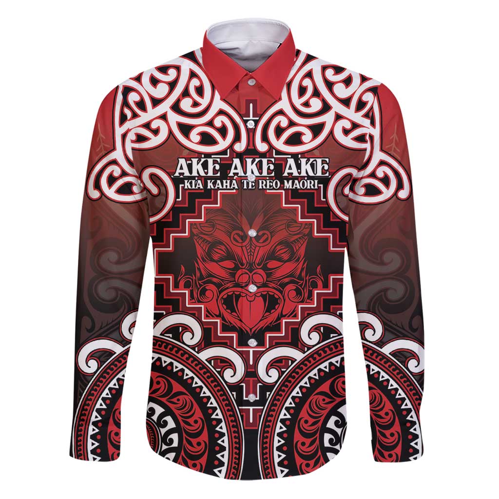 Personalised New Zealand Aotearoa Family Matching Puletasi and Hawaiian Shirt Te Reo Maori Ake Ake Ake LT05 Dad's Shirt - Long Sleeve Red - Polynesian Pride