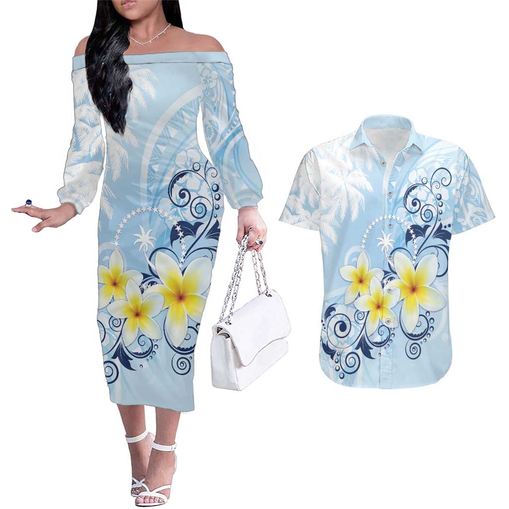 FSM Chuuk Constitution Day Couples Matching Off The Shoulder Long Sleeve Dress and Hawaiian Shirt Polynesian Curves Plumeria LT05 Blue - Polynesian Pride