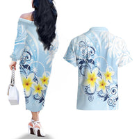 FSM Chuuk Constitution Day Couples Matching Off The Shoulder Long Sleeve Dress and Hawaiian Shirt Polynesian Curves Plumeria LT05 - Polynesian Pride