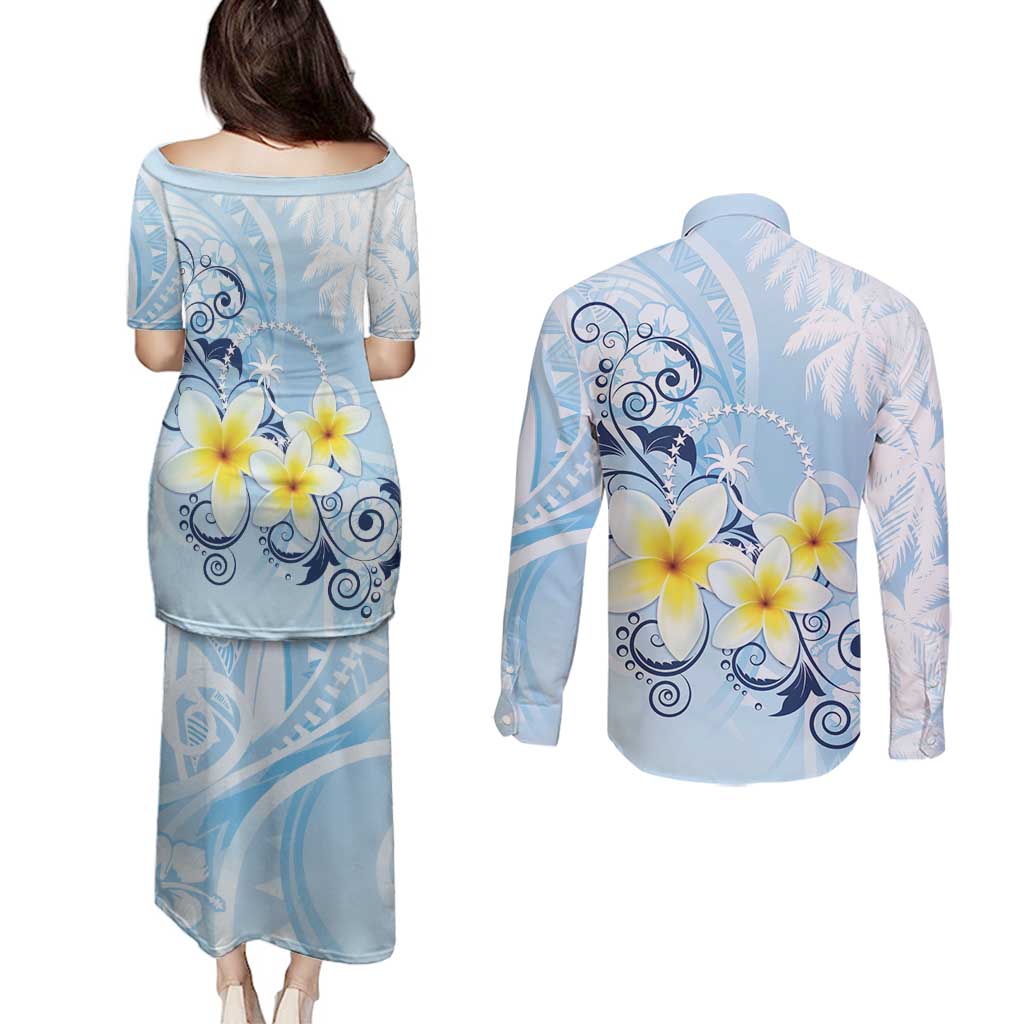 FSM Chuuk Constitution Day Couples Matching Puletasi and Long Sleeve Button Shirt Polynesian Curves Plumeria - Polynesian Pride