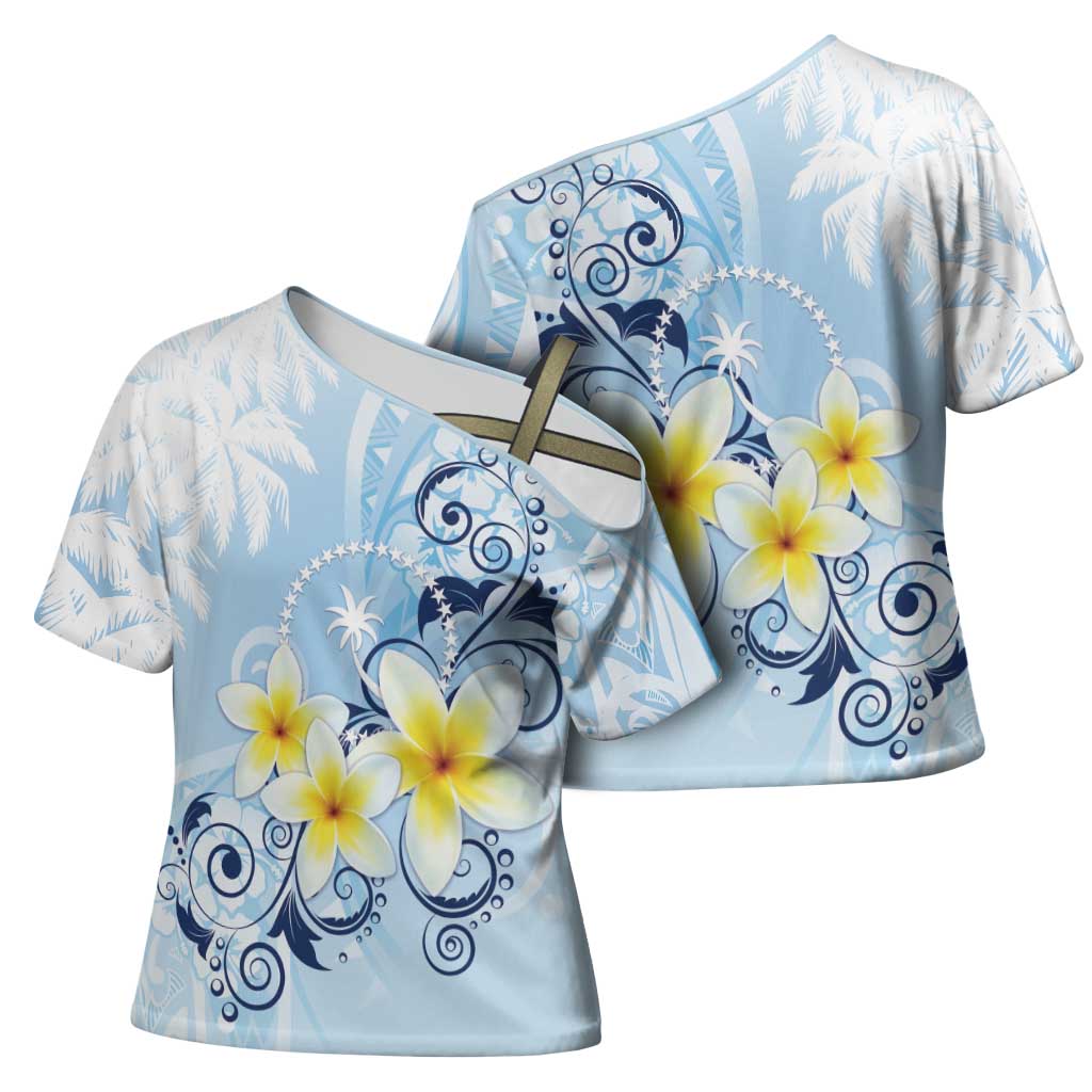 FSM Chuuk Constitution Day Cross Shoulder Shirt Polynesian Curves Plumeria - Polynesian Pride