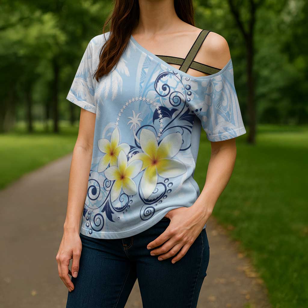 FSM Chuuk Constitution Day Cross Shoulder Shirt Polynesian Curves Plumeria - Polynesian Pride