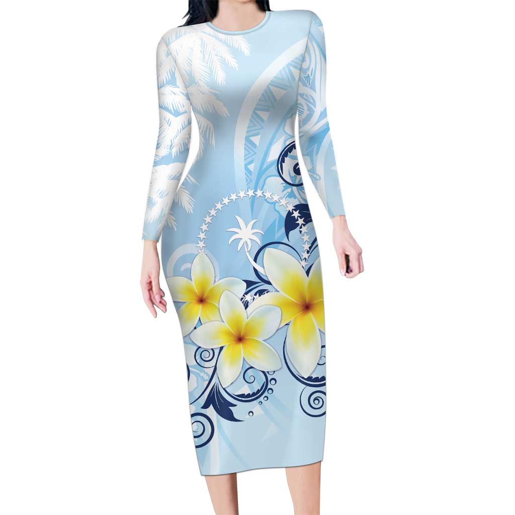FSM Chuuk Constitution Day Family Matching Long Sleeve Bodycon Dress and Hawaiian Shirt Polynesian Curves Plumeria LT05 Mom's Dress Blue - Polynesian Pride