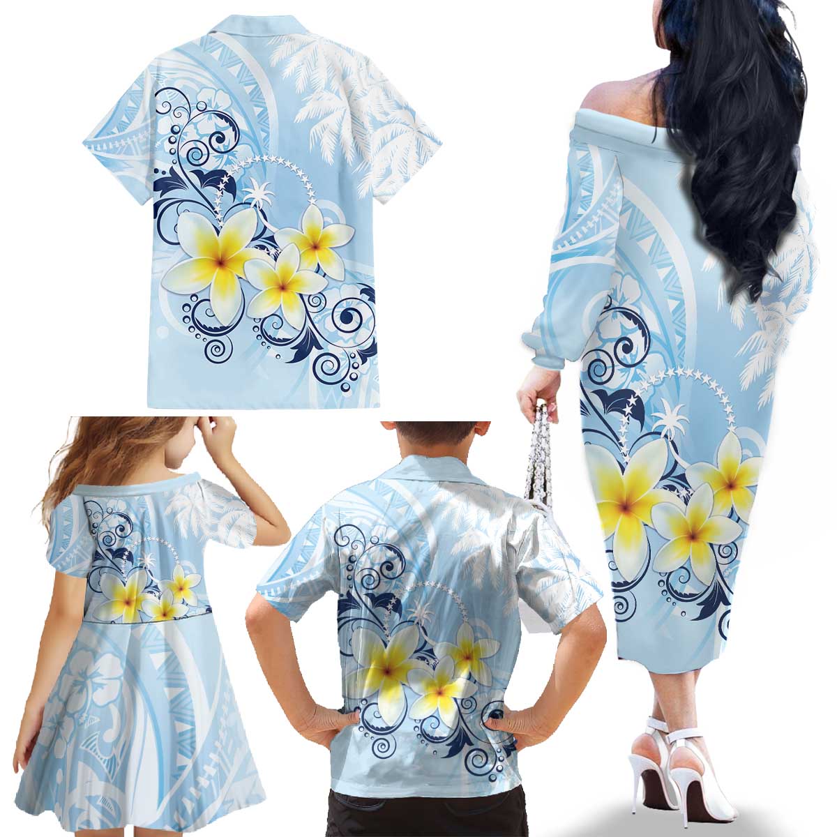 FSM Chuuk Constitution Day Family Matching Off The Shoulder Long Sleeve Dress and Hawaiian Shirt Polynesian Curves Plumeria LT05 - Polynesian Pride