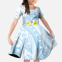 FSM Chuuk Constitution Day Family Matching Off Shoulder Maxi Dress and Hawaiian Shirt Polynesian Curves Plumeria LT05 Daughter's Dress Blue - Polynesian Pride