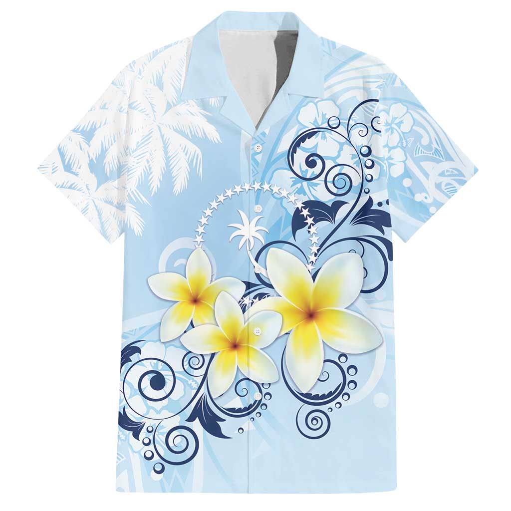 FSM Chuuk Constitution Day Family Matching Off Shoulder Maxi Dress and Hawaiian Shirt Polynesian Curves Plumeria LT05 Dad's Shirt - Short Sleeve Blue - Polynesian Pride