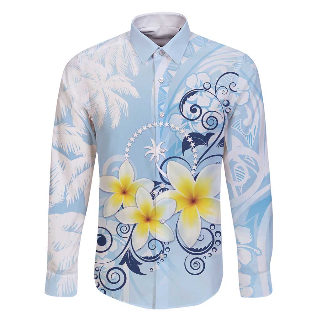 FSM Chuuk Constitution Day Family Matching Off Shoulder Maxi Dress and Hawaiian Shirt Polynesian Curves Plumeria LT05 Dad's Shirt - Long Sleeve Blue - Polynesian Pride