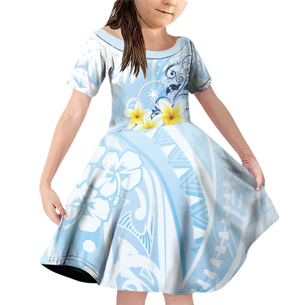 FSM Chuuk Constitution Day Family Matching Off Shoulder Short Dress and Hawaiian Shirt Polynesian Curves Plumeria LT05 Daughter's Dress Blue - Polynesian Pride