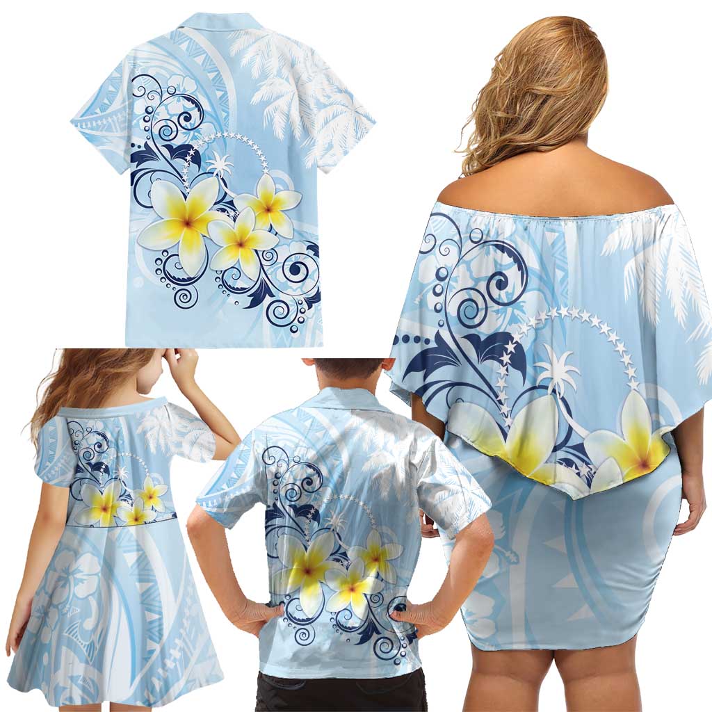 FSM Chuuk Constitution Day Family Matching Off Shoulder Short Dress and Hawaiian Shirt Polynesian Curves Plumeria LT05 - Polynesian Pride
