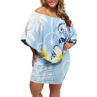 FSM Chuuk Constitution Day Family Matching Off Shoulder Short Dress and Hawaiian Shirt Polynesian Curves Plumeria LT05 Mom's Dress Blue - Polynesian Pride