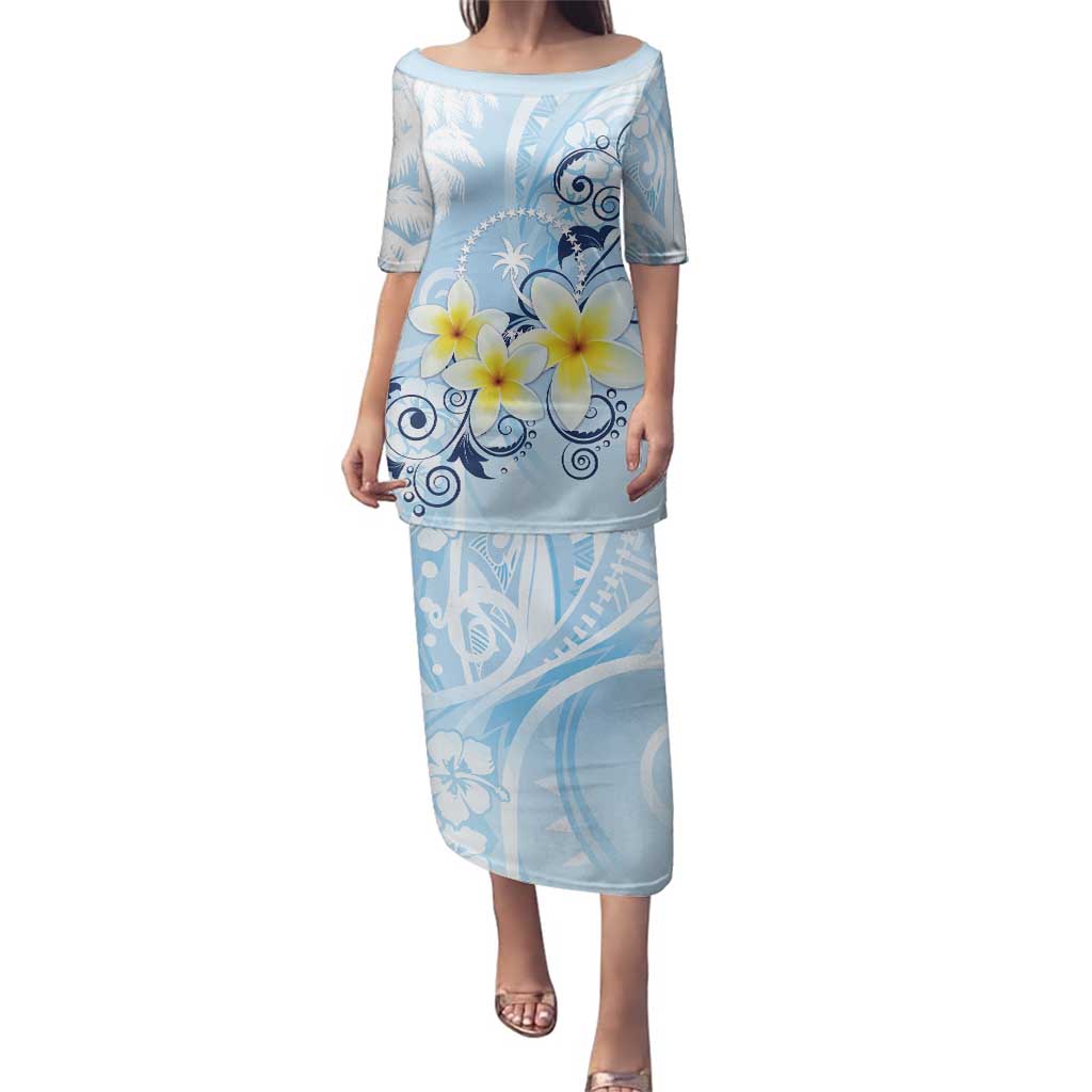 FSM Chuuk Constitution Day Family Matching Puletasi and Hawaiian Shirt Polynesian Curves Plumeria LT05 Mom's Dress Blue - Polynesian Pride