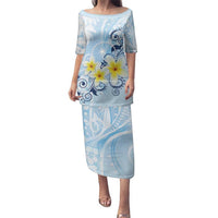 FSM Chuuk Constitution Day Family Matching Puletasi and Hawaiian Shirt Polynesian Curves Plumeria LT05 Mom's Dress Blue - Polynesian Pride
