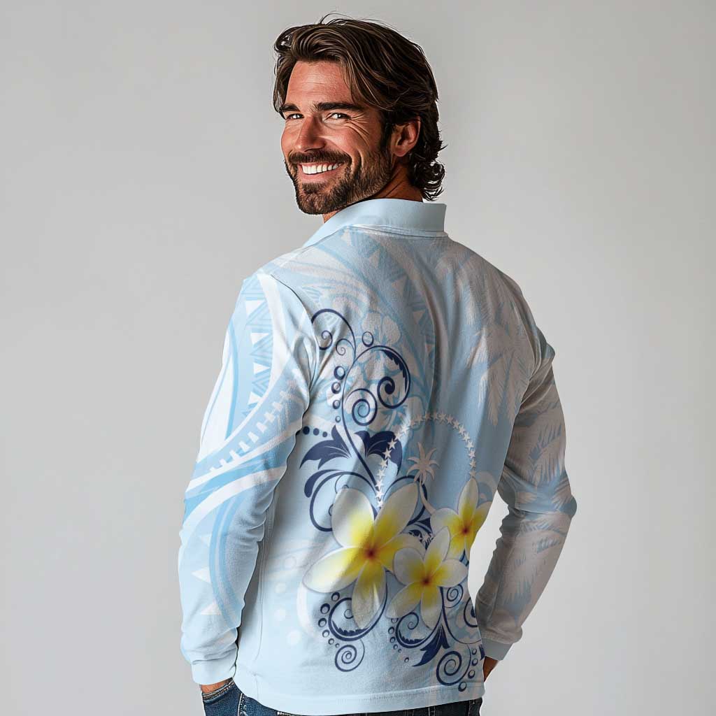 FSM Chuuk Constitution Day Long Sleeve Polo Shirt Polynesian Curves Plumeria - Polynesian Pride