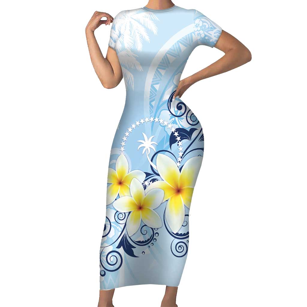 FSM Chuuk Constitution Day Short Sleeve Bodycon Dress Polynesian Curves Plumeria - Polynesian Pride