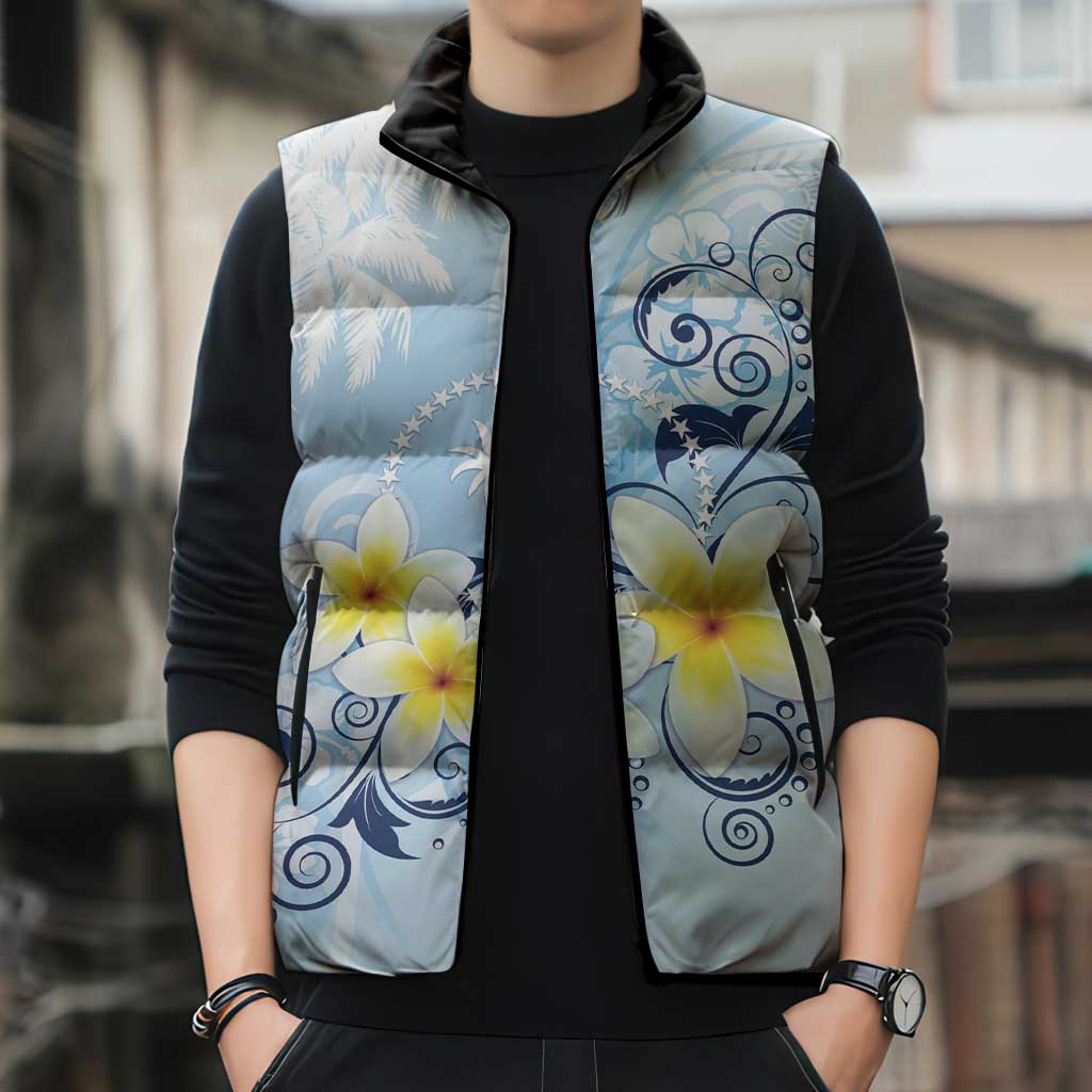 FSM Chuuk Constitution Day Sleeveless Puffer Jacket Polynesian Curves Plumeria - Polynesian Pride