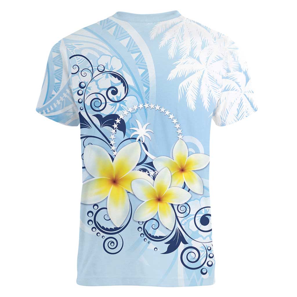 FSM Chuuk Constitution Day Women V-Neck T-Shirt Polynesian Curves Plumeria - Polynesian Pride