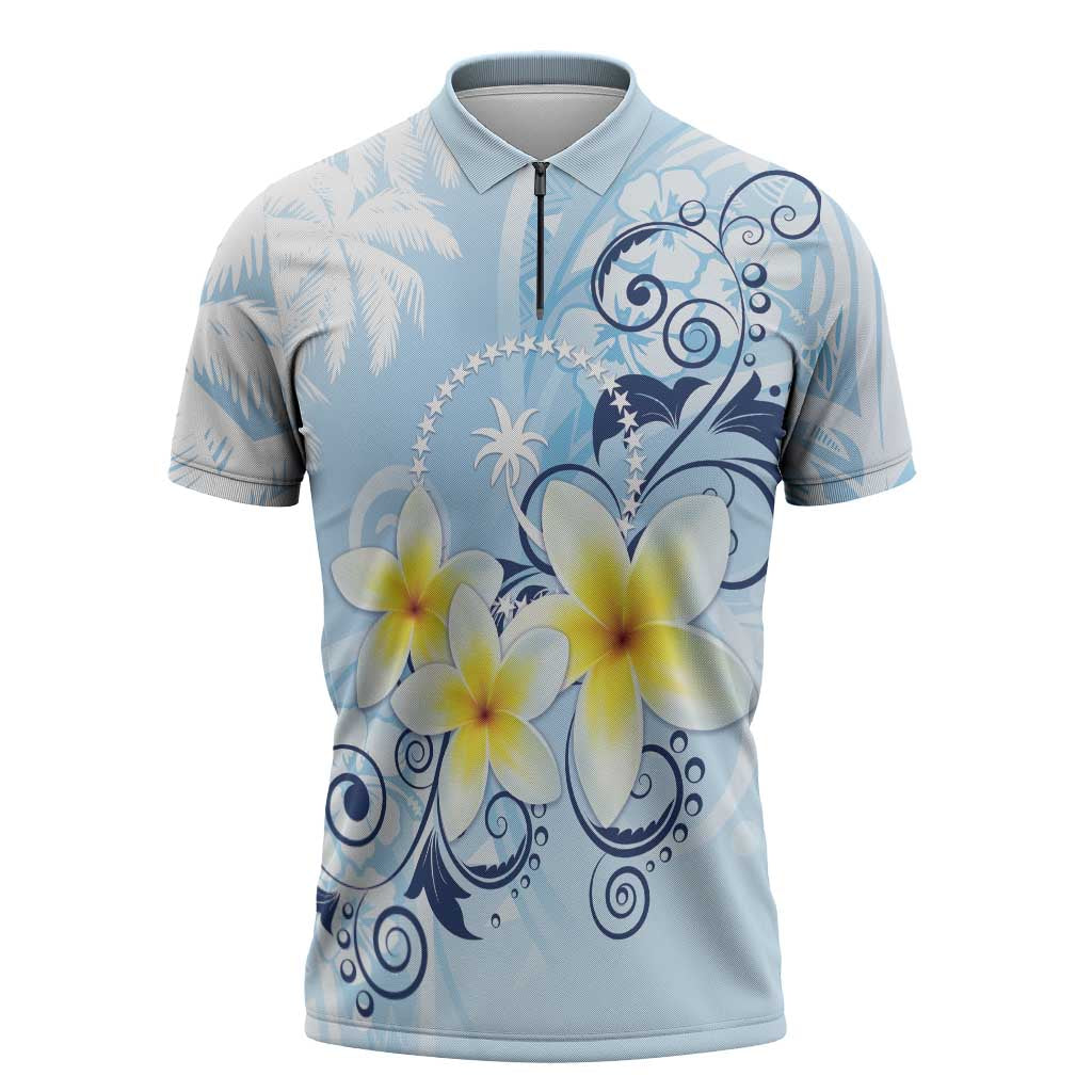 FSM Chuuk Constitution Day Zipper Polo Shirt Polynesian Curves Plumeria - Polynesian Pride