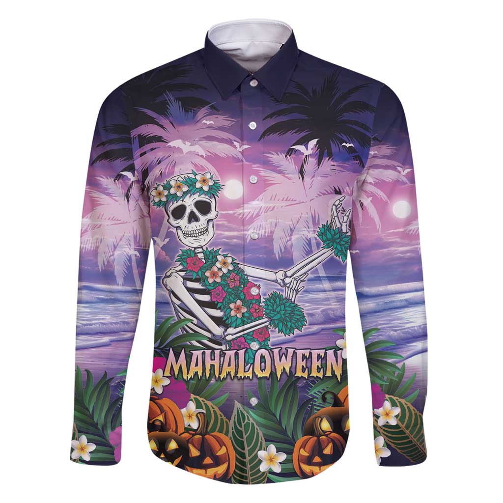 Happy Hulaween Family Matching Mermaid Dress and Hawaiian Shirt Mahaloween Skeleton Dancing LT05 Dad's Shirt - Long Sleeve Purple - Polynesian Pride