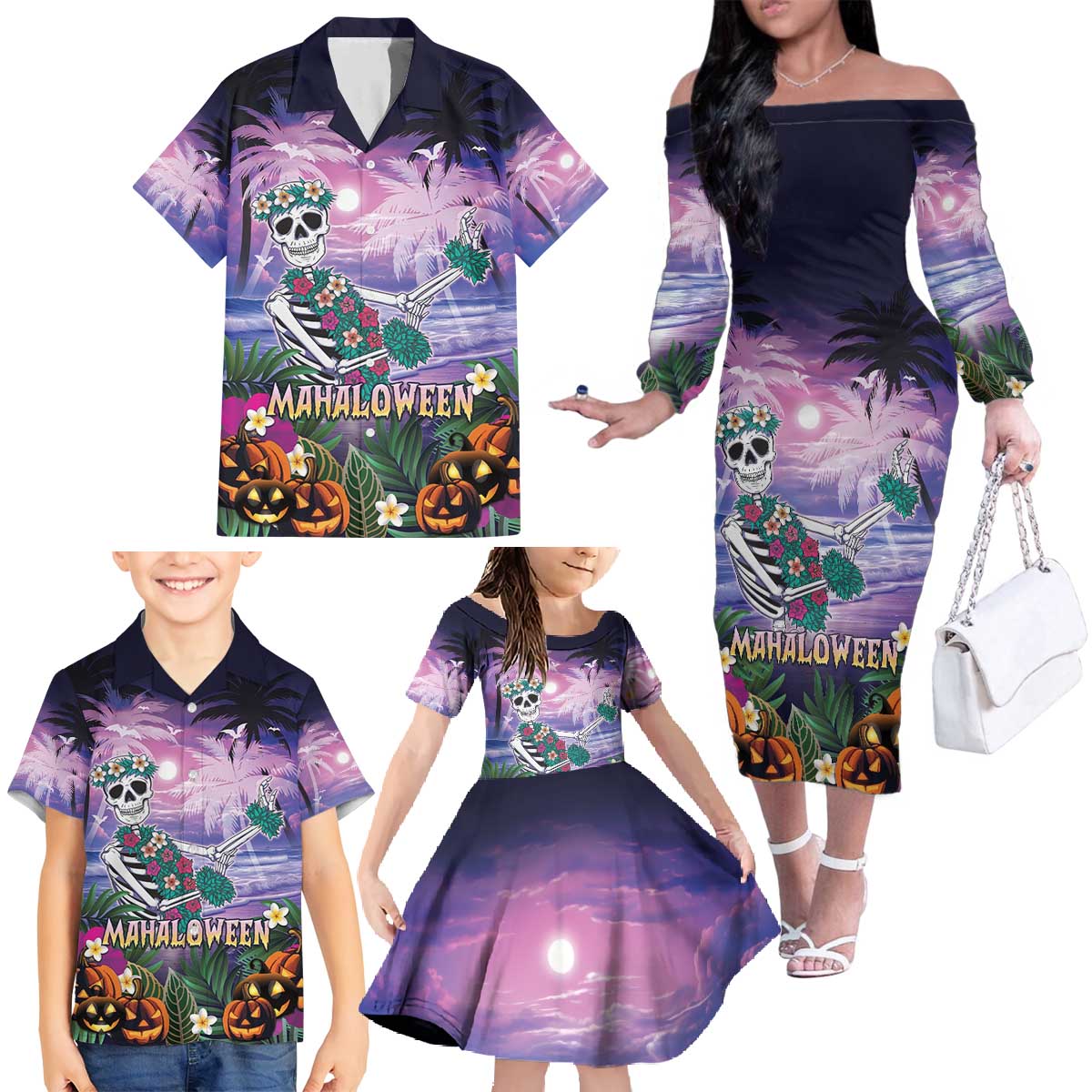 Happy Hulaween Family Matching Off The Shoulder Long Sleeve Dress and Hawaiian Shirt Mahaloween Skeleton Dancing LT05 - Polynesian Pride