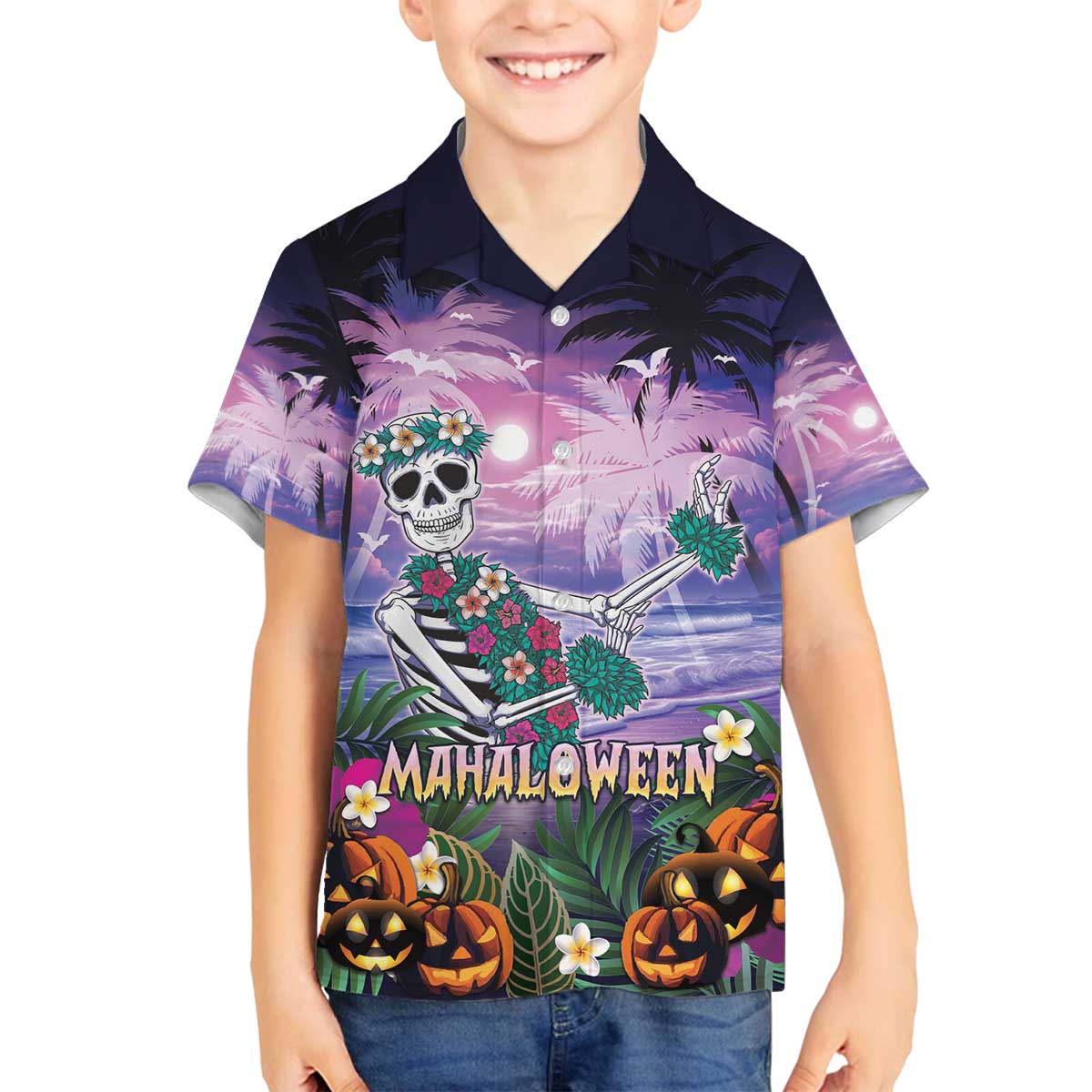 Happy Hulaween Family Matching Off The Shoulder Long Sleeve Dress and Hawaiian Shirt Mahaloween Skeleton Dancing LT05 Son's Shirt Purple - Polynesian Pride