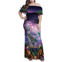 Happy Hulaween Family Matching Off Shoulder Maxi Dress and Hawaiian Shirt Mahaloween Skeleton Dancing LT05 Mom's Dress Purple - Polynesian Pride