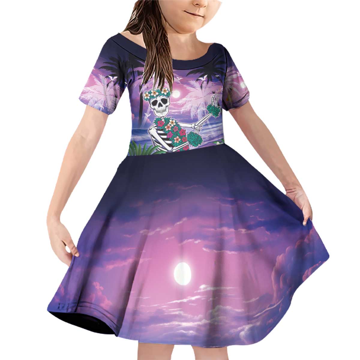 Happy Hulaween Family Matching Off Shoulder Short Dress and Hawaiian Shirt Mahaloween Skeleton Dancing LT05 Daughter's Dress Purple - Polynesian Pride