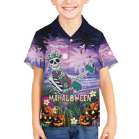 Happy Hulaween Family Matching Off Shoulder Short Dress and Hawaiian Shirt Mahaloween Skeleton Dancing LT05 Son's Shirt Purple - Polynesian Pride