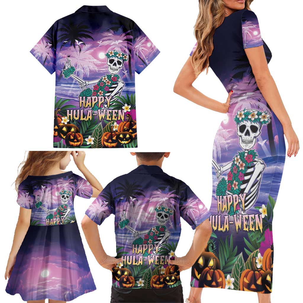 Happy Hulaween Family Matching Short Sleeve Bodycon Dress and Hawaiian Shirt Mahaloween Skeleton Dancing LT05 - Polynesian Pride