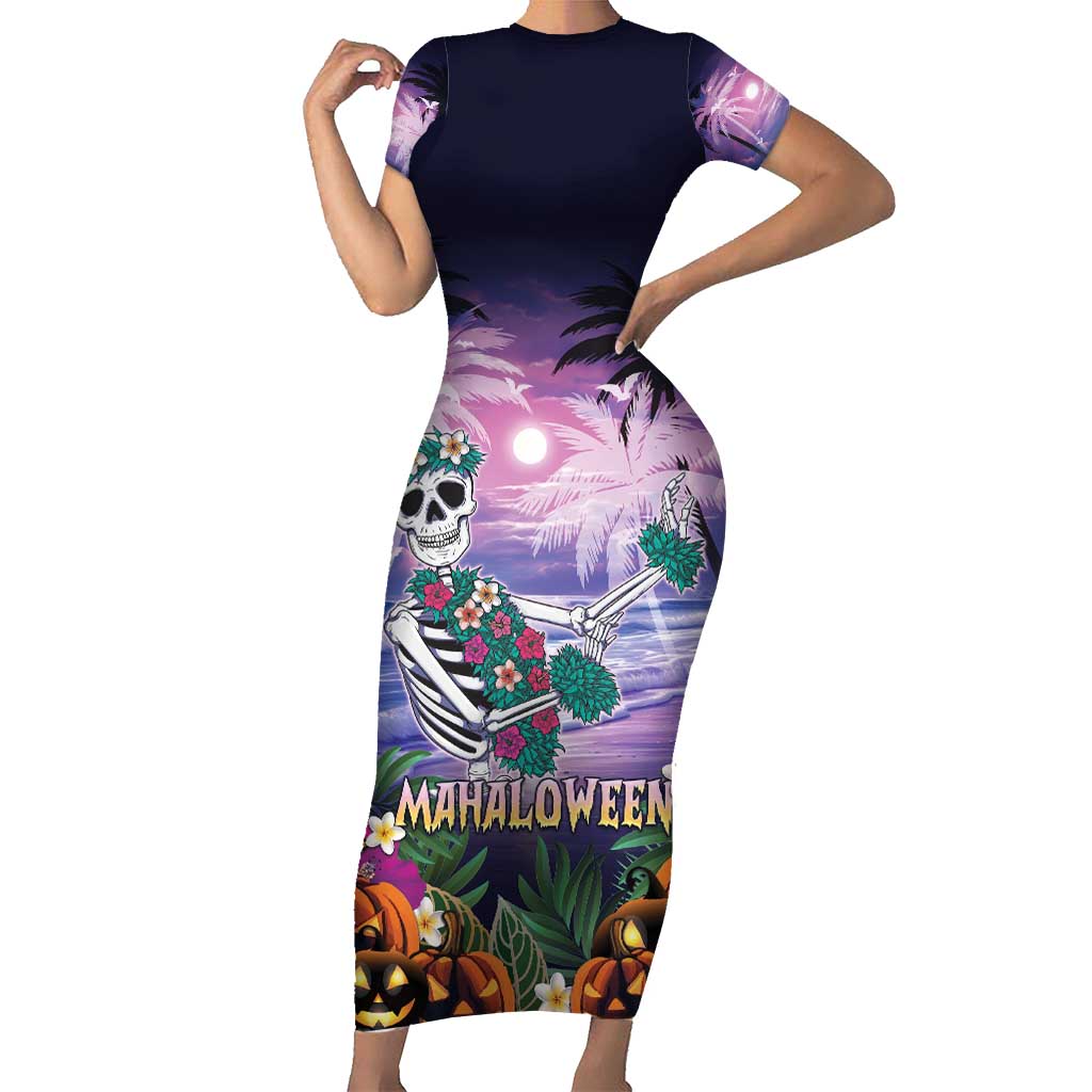 Happy Hulaween Family Matching Short Sleeve Bodycon Dress and Hawaiian Shirt Mahaloween Skeleton Dancing LT05 Mom's Dress Purple - Polynesian Pride