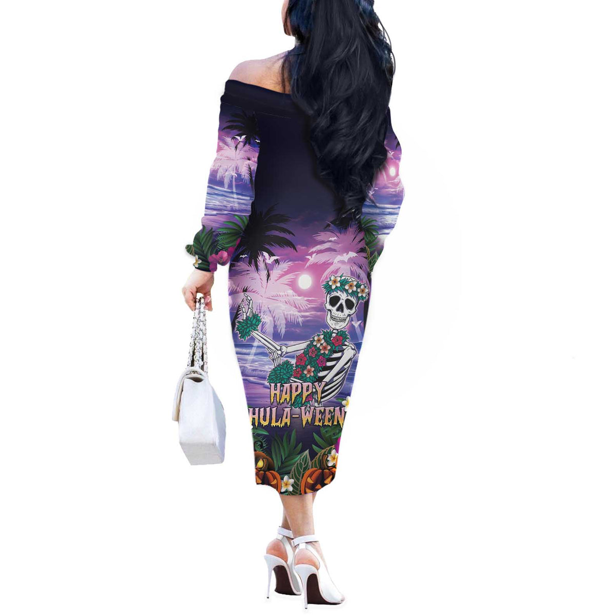 Happy Hulaween Off The Shoulder Long Sleeve Dress Mahaloween Skeleton Dancing LT05 - Polynesian Pride