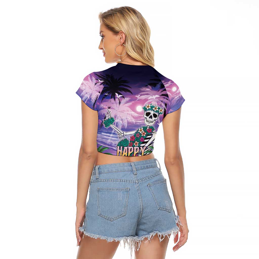 Happy Hulaween Raglan Cropped T Shirt Mahaloween Skeleton Dancing