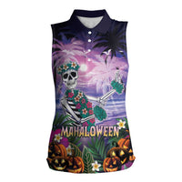 Happy Hulaween Women Sleeveless Polo Shirt Mahaloween Skeleton Dancing