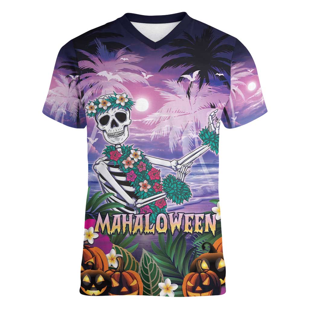 Happy Hulaween Women V-Neck T-Shirt Mahaloween Skeleton Dancing