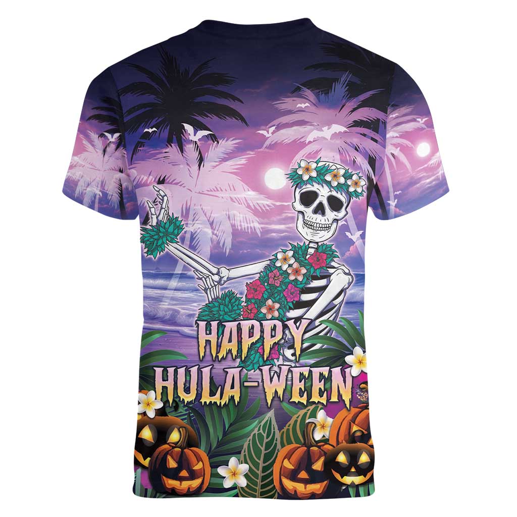 Happy Hulaween Women V-Neck T-Shirt Mahaloween Skeleton Dancing