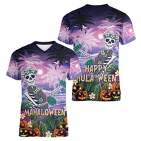Happy Hulaween Women V-Neck T-Shirt Mahaloween Skeleton Dancing