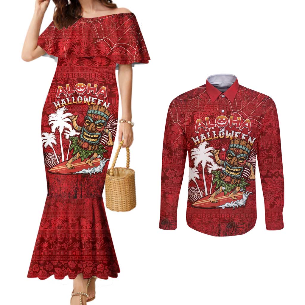 Personalised Aloha Halloween Couples Matching Mermaid Dress and Long Sleeve Button Shirt Skeleton Surfing