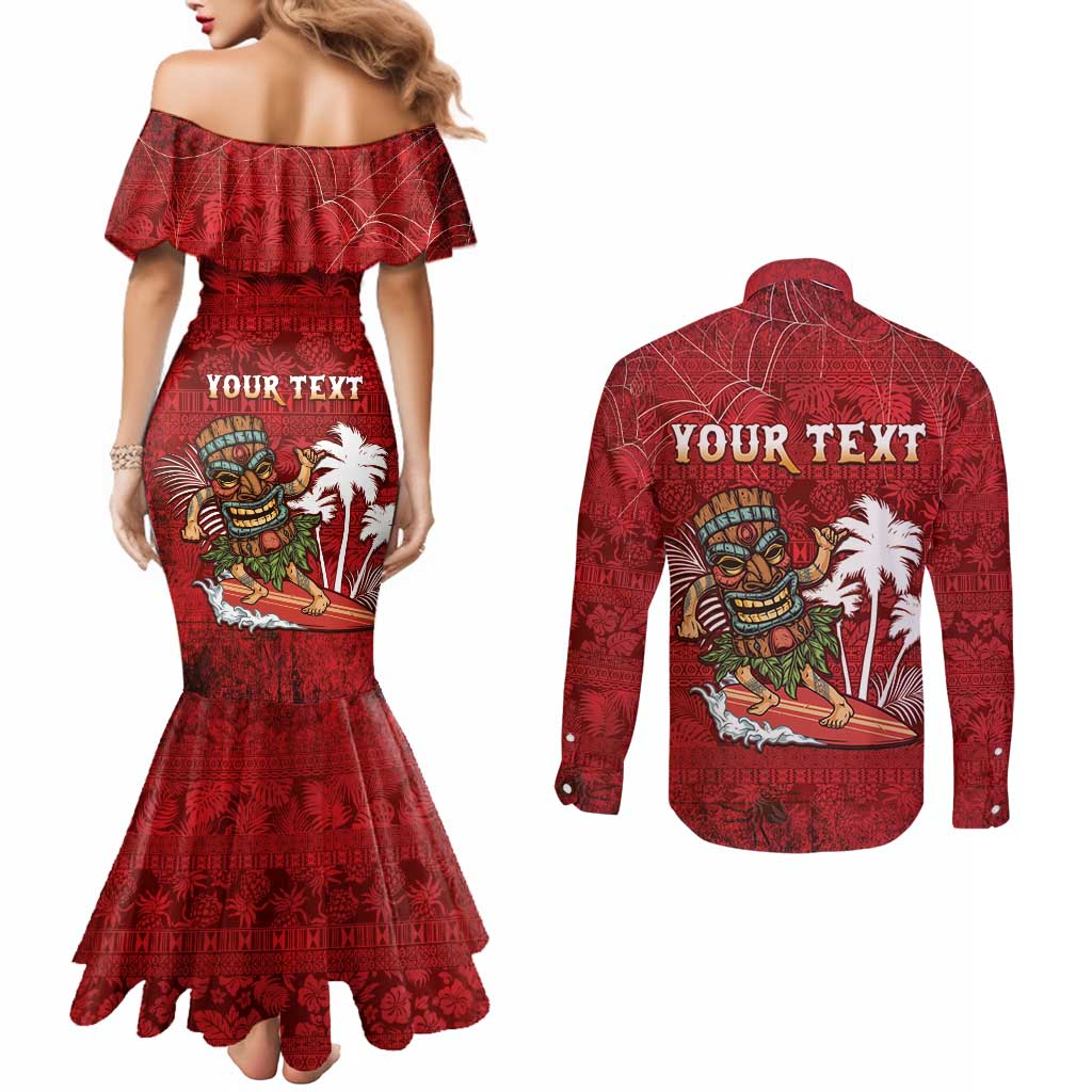 Personalised Aloha Halloween Couples Matching Mermaid Dress and Long Sleeve Button Shirt Skeleton Surfing