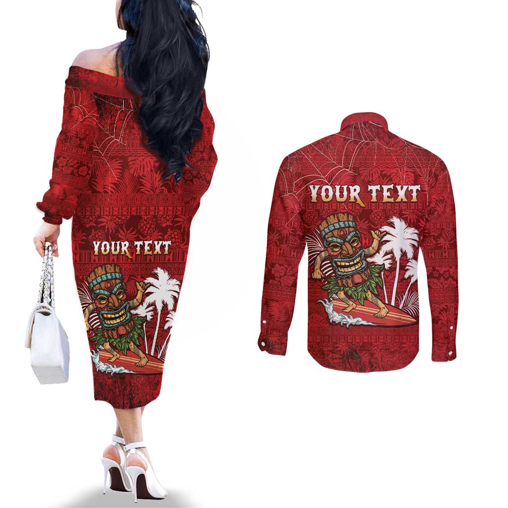 Personalised Aloha Halloween Couples Matching Off The Shoulder Long Sleeve Dress and Long Sleeve Button Shirt Skeleton Surfing