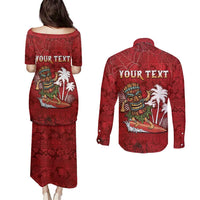 Personalised Aloha Halloween Couples Matching Puletasi and Long Sleeve Button Shirt Skeleton Surfing
