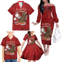 Personalised Aloha Halloween Family Matching Off The Shoulder Long Sleeve Dress and Hawaiian Shirt Skeleton Surfing LT05 - Polynesian Pride