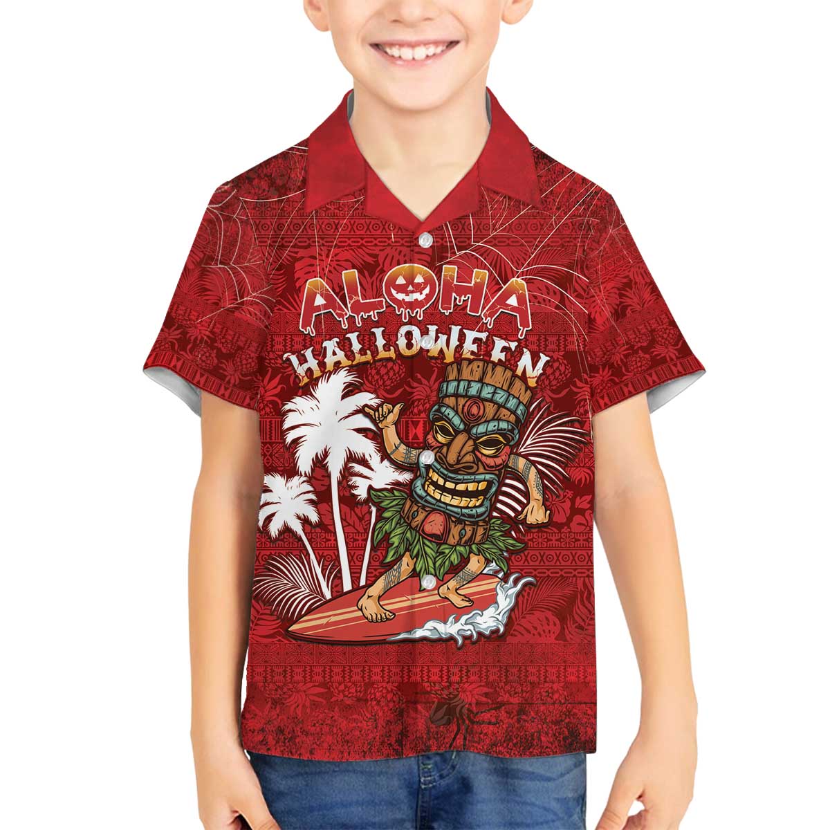 Personalised Aloha Halloween Family Matching Off The Shoulder Long Sleeve Dress and Hawaiian Shirt Skeleton Surfing LT05 Son's Shirt Red - Polynesian Pride