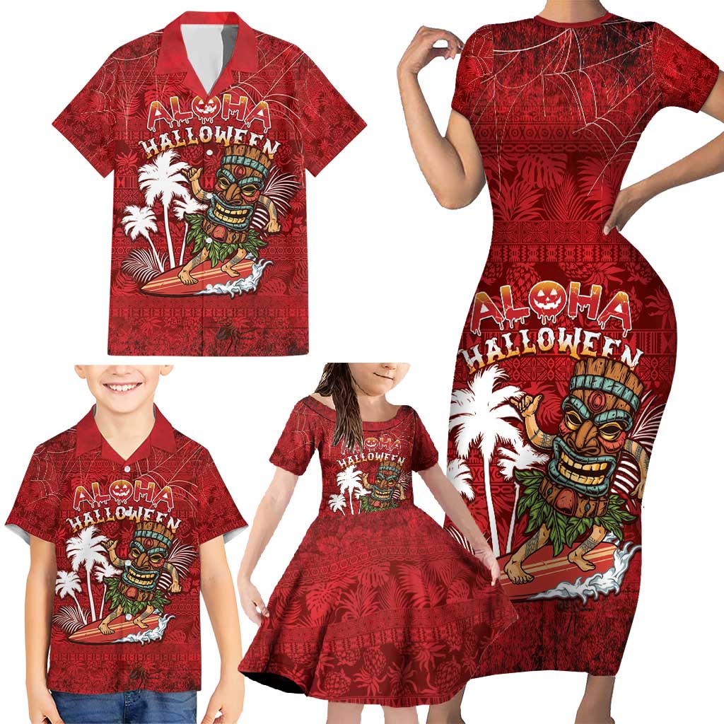 Personalised Aloha Halloween Family Matching Short Sleeve Bodycon Dress and Hawaiian Shirt Skeleton Surfing LT05 - Polynesian Pride