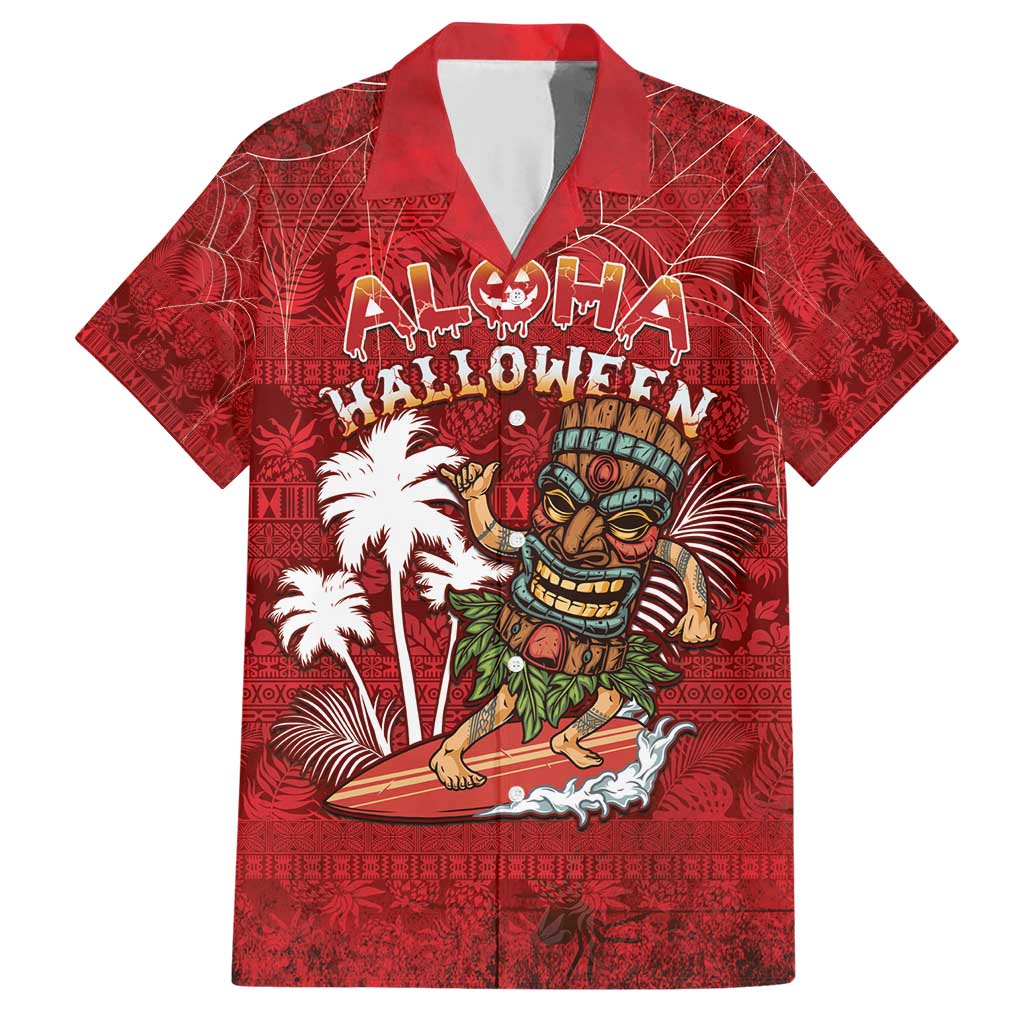 Personalised Aloha Halloween Family Matching Short Sleeve Bodycon Dress and Hawaiian Shirt Skeleton Surfing LT05 Dad's Shirt - Short Sleeve Red - Polynesian Pride