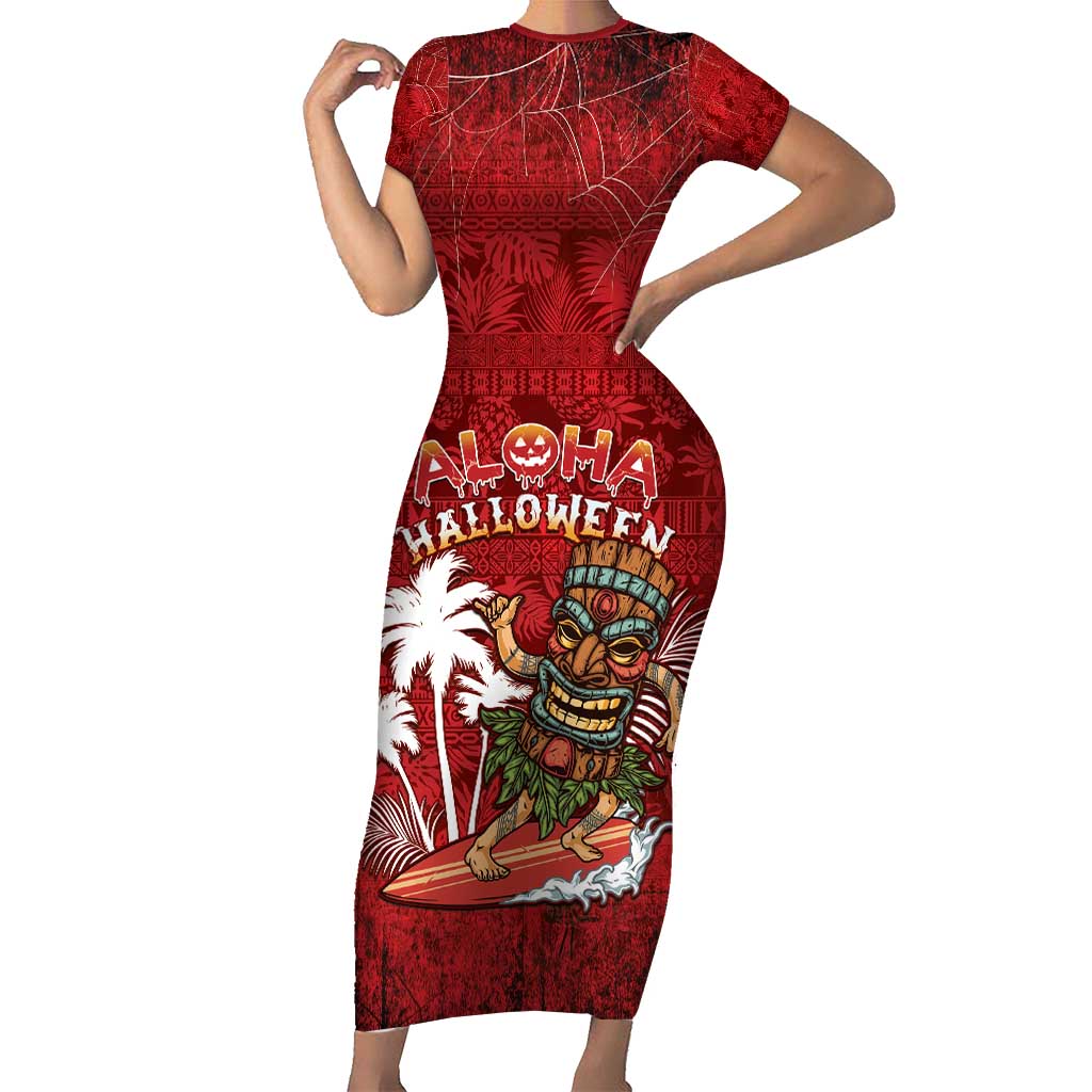 Personalised Aloha Halloween Family Matching Short Sleeve Bodycon Dress and Hawaiian Shirt Skeleton Surfing LT05 Mom's Dress Red - Polynesian Pride