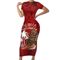 Personalised Aloha Halloween Family Matching Short Sleeve Bodycon Dress and Hawaiian Shirt Skeleton Surfing LT05 Mom's Dress Red - Polynesian Pride