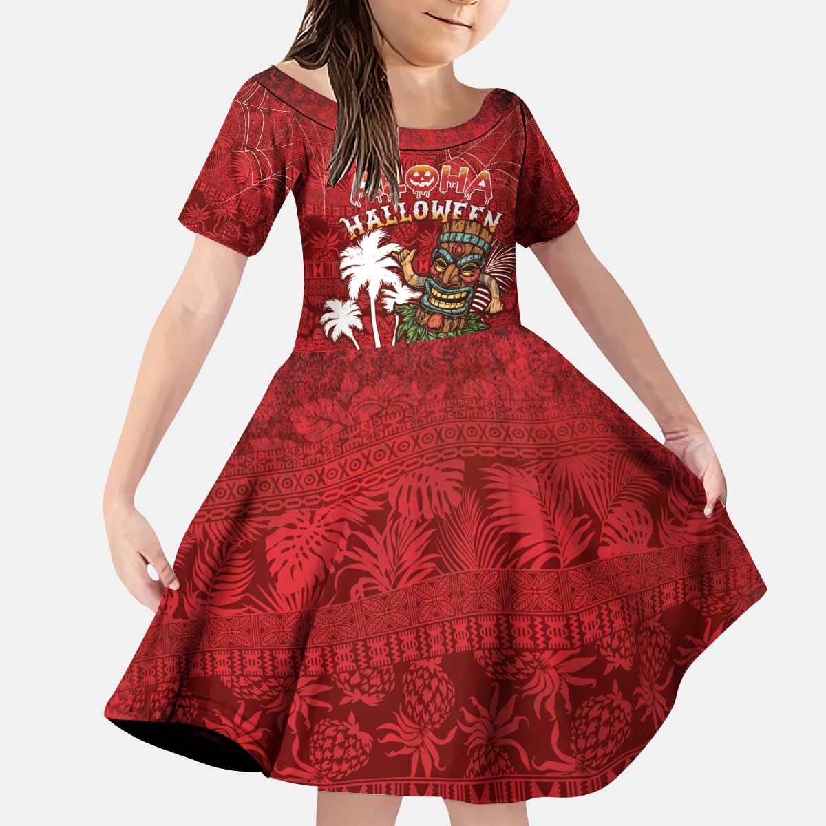 Personalised Aloha Halloween Kid Short Sleeve Dress Skeleton Surfing