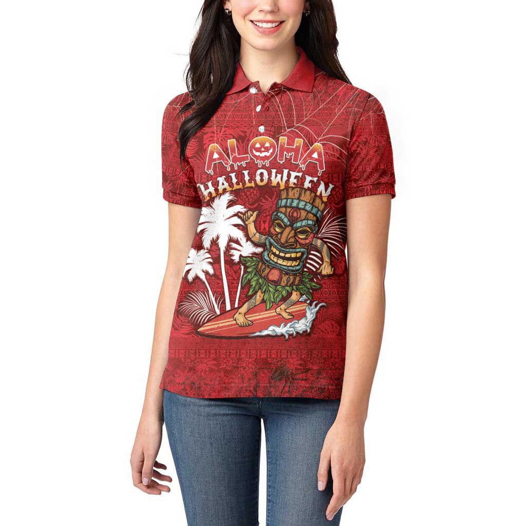Personalised Aloha Halloween Women Polo Shirt Skeleton Surfing